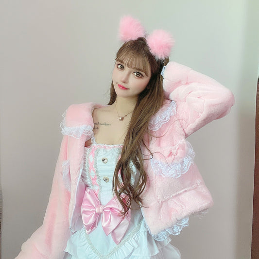 Candy Fairy Pink Plush Faux Rabbit Fur Pastel Pink Bow Lace Winter Jacket