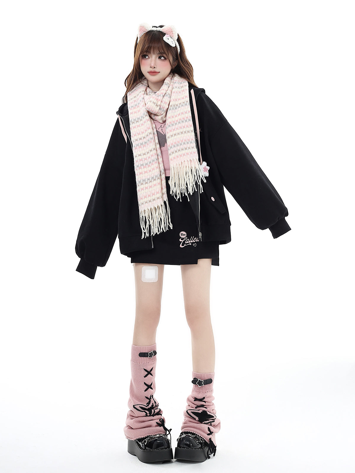 Crazy Girl Star Y2K Pink Black White Knit Leg Warmers