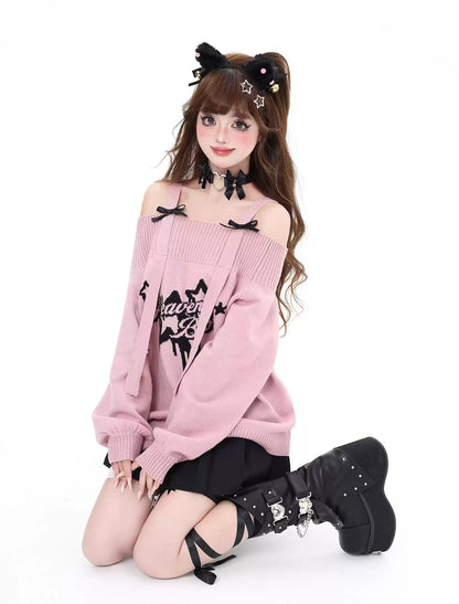 Crazy Girl Heavenly Body Star Black Pink Knit Off Shoulder Sweater