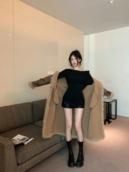 Brown Winter Velvet Faux Fur Collar Mid-length Long Woolen Coat