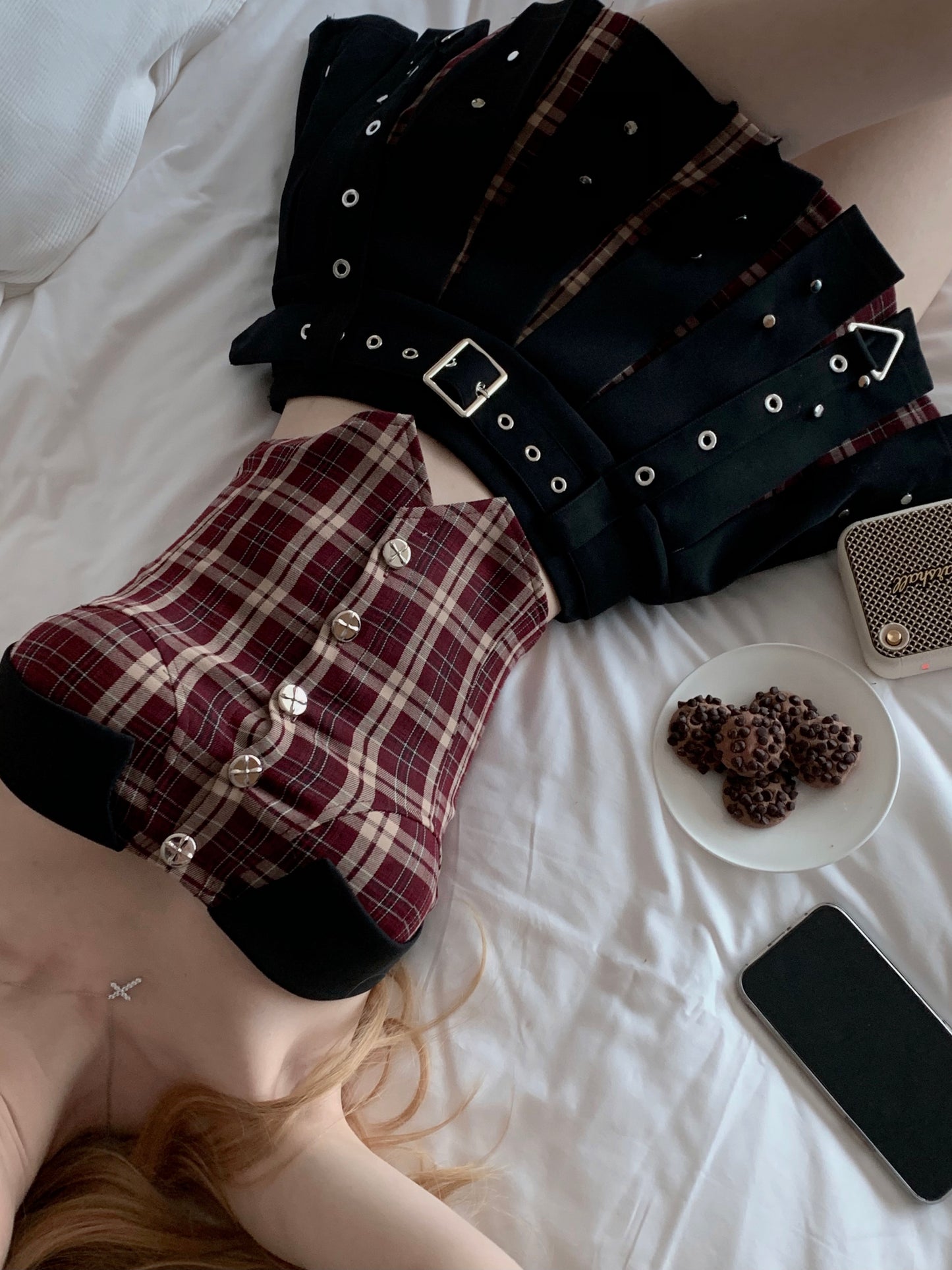 Wine Red Tube Top & Black Grommet Belted Pleated Mini Skirt Two Piece Set