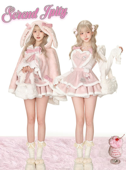 Serendipity Strawberry Dessert White Top & Pink Suspender Dress & Rabbit Ears Cape Three Piece Set