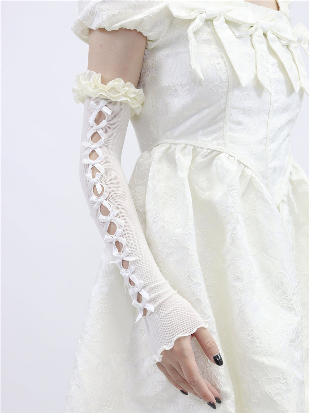 Sweet Coquette Girl Hollow Bow Ribbon White Black Arm Warmers