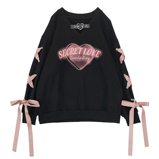 V-Neck Ribbon Secret Love Autumn Black Sweatshirt