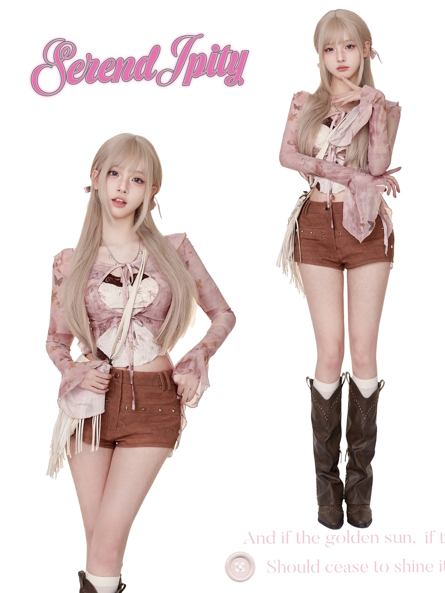 Serendipity Broken Butterfly Pink Cardigan & Camisole & Brown Shorts Three Piece Set