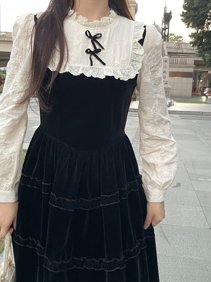 Ruellia Autumn Elegant Lady Lace Black Velvet Long Dress