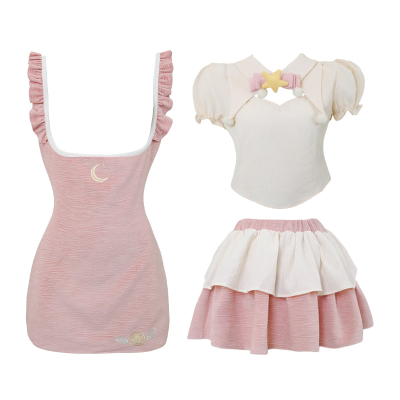 Serendipity Sweet Magical Girl Star Wings Beige Cream Shirt & Pink Apron & Ruffled Mini Skirt Three Piece Set