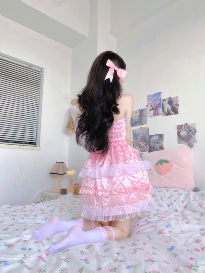 Candy Fairy Sweet Lovely Pretty Pink Ruffled Layered Polka Dot Lace Dress