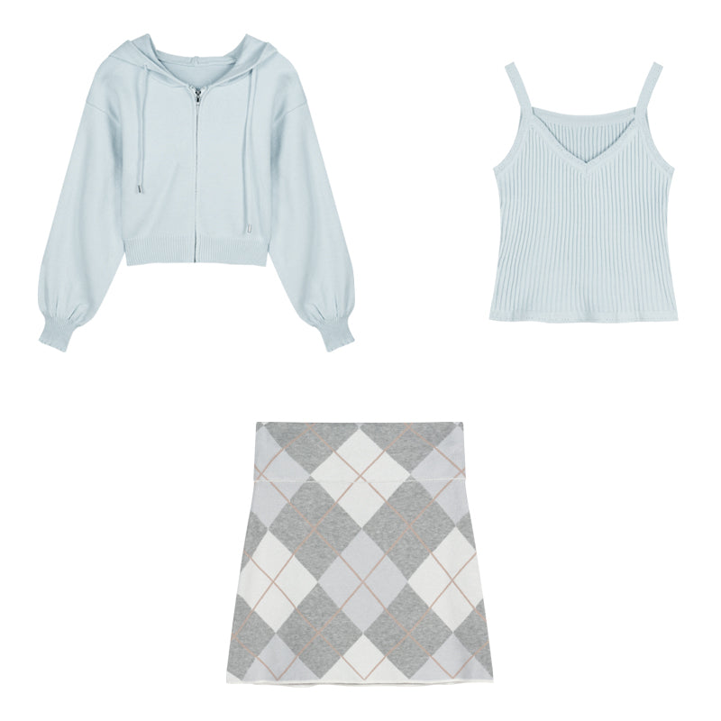 Creamy Sweet Coquette Chic Light Blue Knit Cardigan Camisole Gray Argyle Mini Skirt Three Piece Set