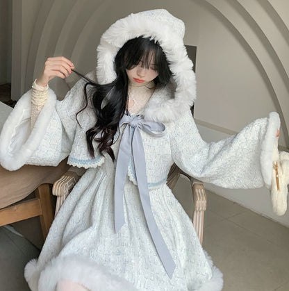 Blue Angel Winter Plush Strap White Dress & Little Hooded Fur Jacket Cape Two Piece Set