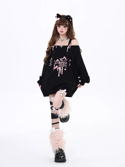 Crazy Girl Heavenly Body Star Black Pink Knit Off Shoulder Sweater