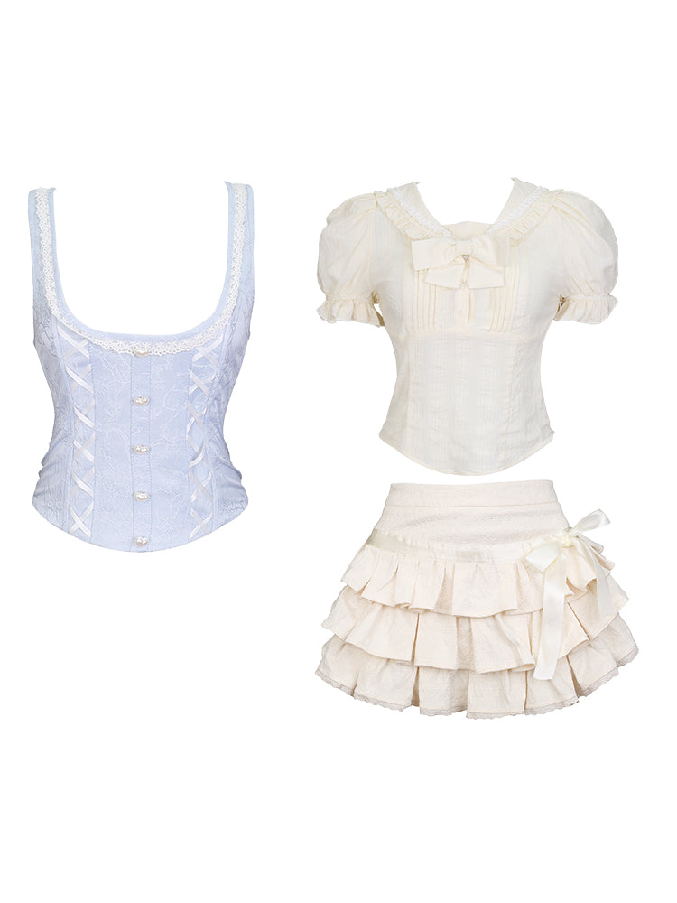 Serendipity Graven College Lace White Shirt & Blue Vest & Ruffle Skirt Three Piece Set