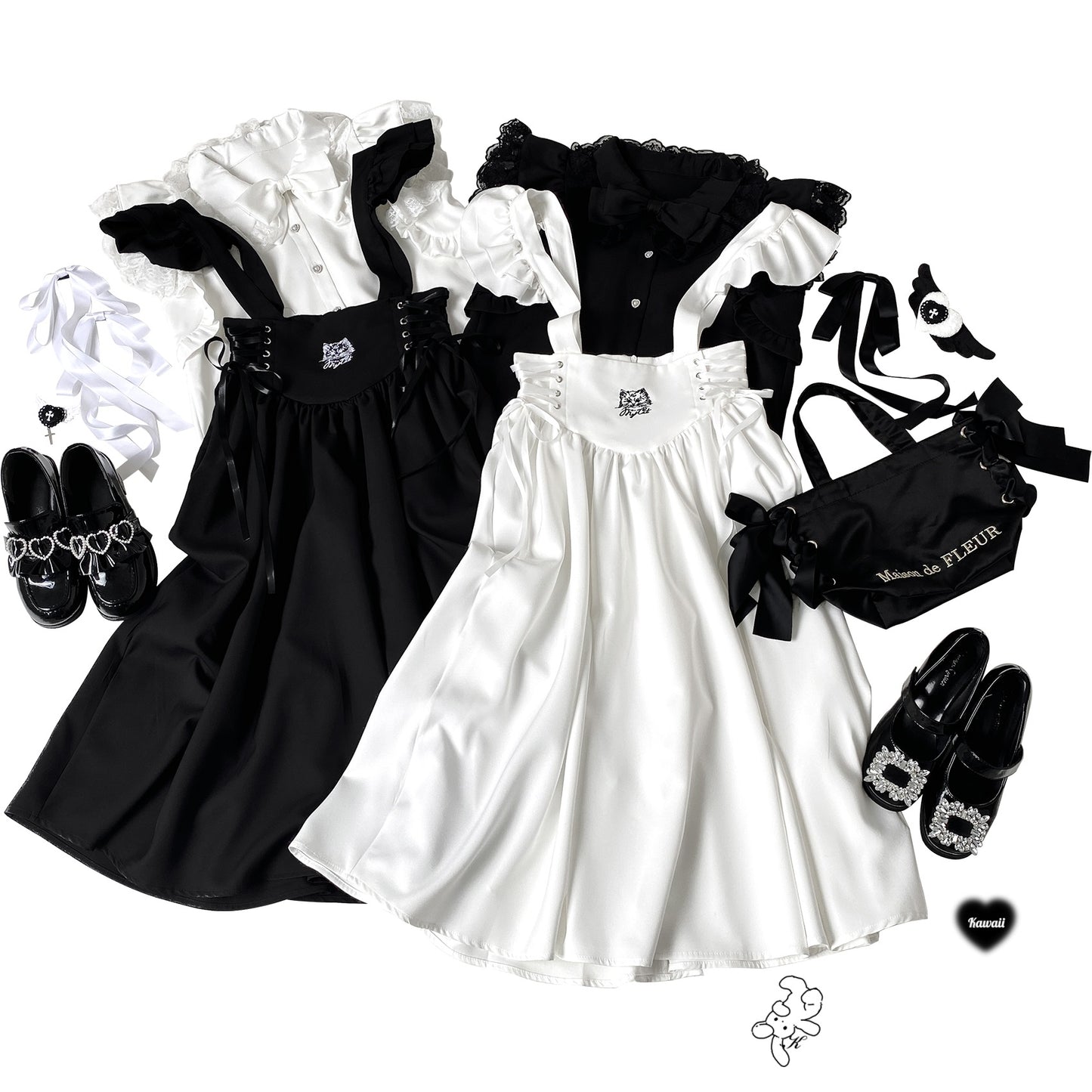 Kitten Bullet Electronic Cat Black White Long Suspender Skirt