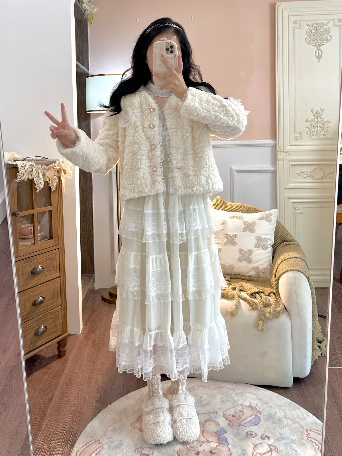 Ruellia Fall Fairy White Lace Mesh Long Sleeve Ruffled Layared Cake Dress