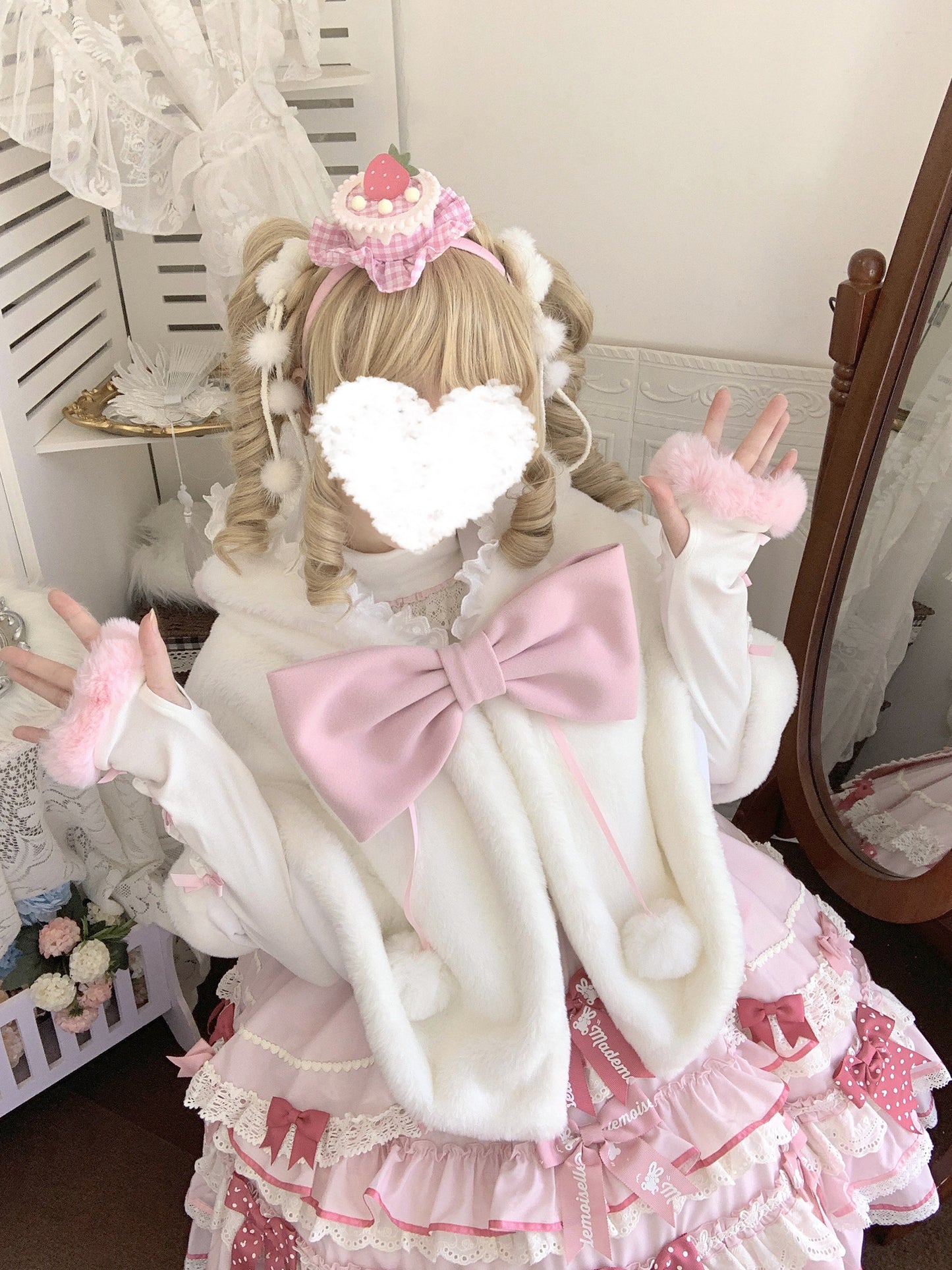 Lolita Meow Meow Car Ears White Plush Jacket Cape