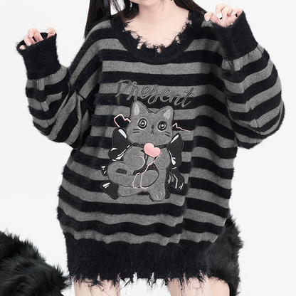 Round Neck Fuzzy Gray Black Striped Cat Sweater