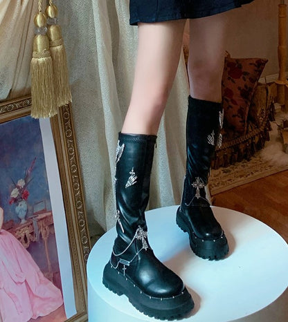 Pinky Tassel Chain Dark Academia Autumn Winter Round Toe Black Boots Shoes