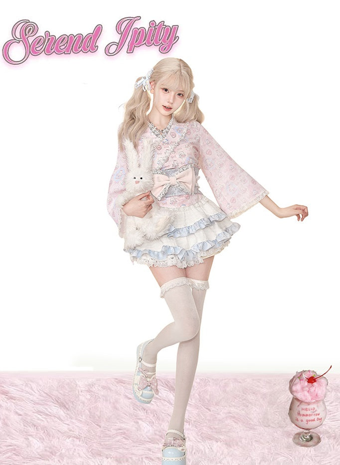 Serendipity Showa Story Pink Kimono Top & Skirt Two Piece Set