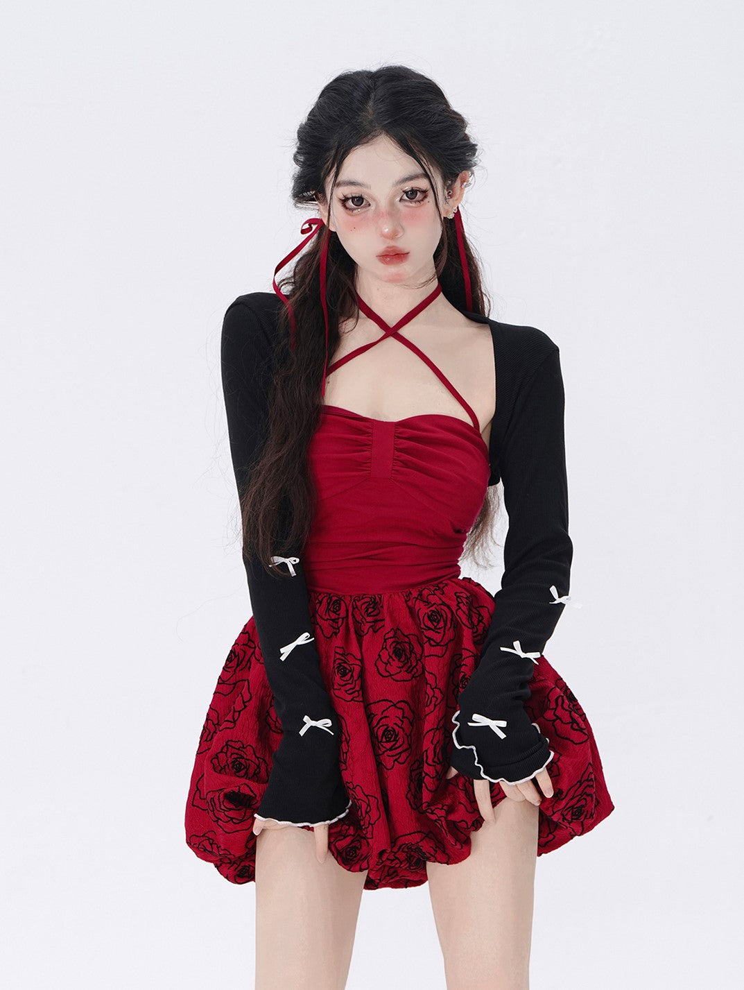 Young Eyes Crimson Red Rose Dress & Balletcore Black Bow Jacket Two Piece Set