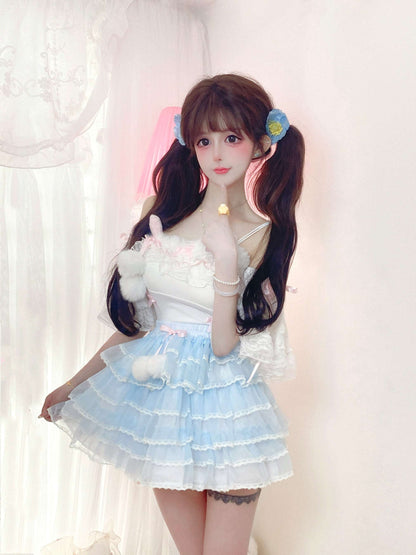 Candy Fairy Sweet White Camisole Top & Blue Ruffle Skirt Two Piece Set