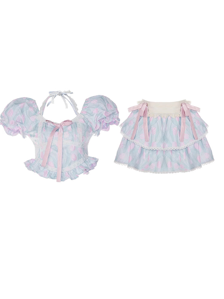 Serendipity Baby Petals Coquette Pink and Blue Bow Decorated Maid Style Blouse Top & Mini Skirt Two Piece Set