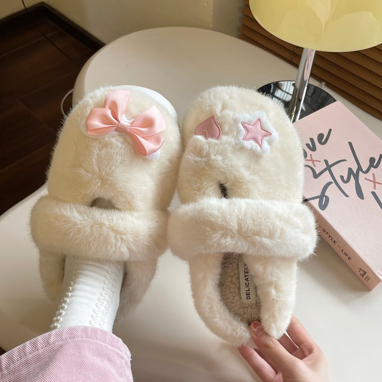 Pink Bow Star Heart Love Plush Fluff Slippers Shoes