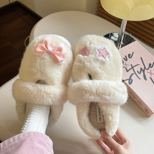 Pink Bow Star Heart Love Plush Fluff Slippers Shoes