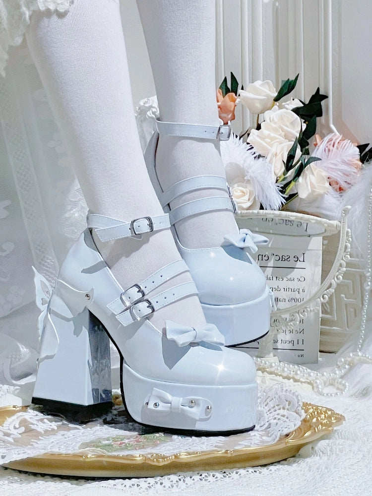 Moe Heart Butterfly Bow Buckle Strap Black White Pink Hot Pink Lolita Platform High Heels Shoes