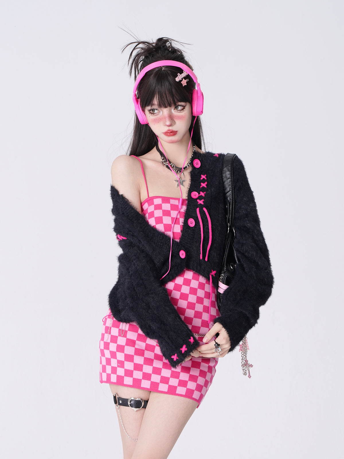 Young Eyes Hot Pink Black White Fall Checkerboard Bodycon Strap Dress & Plush Cardigan Jacket Two Piece Set