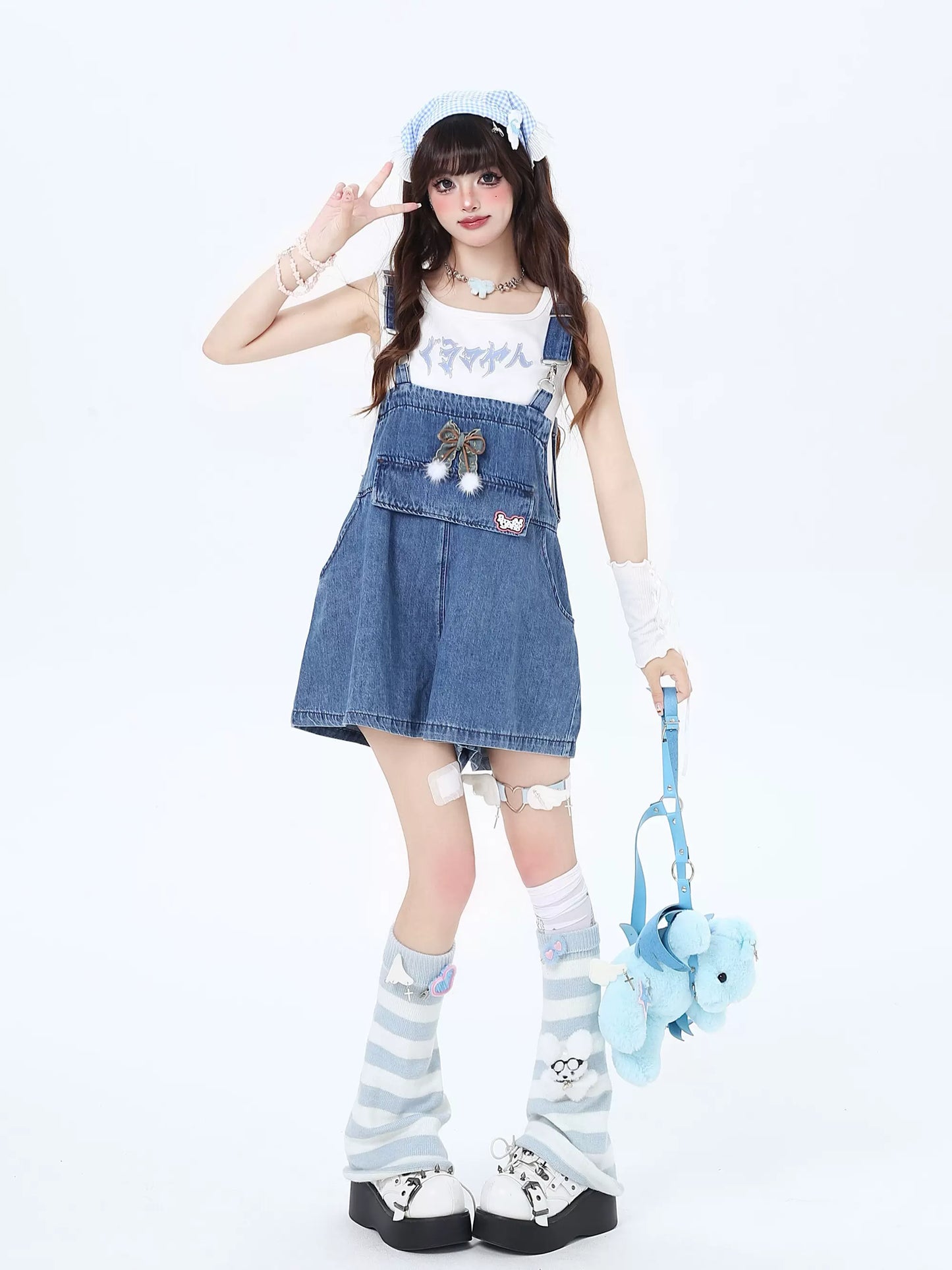 Crazy Girl Island Girl Denim Rabbit Ears Suspender Skirt