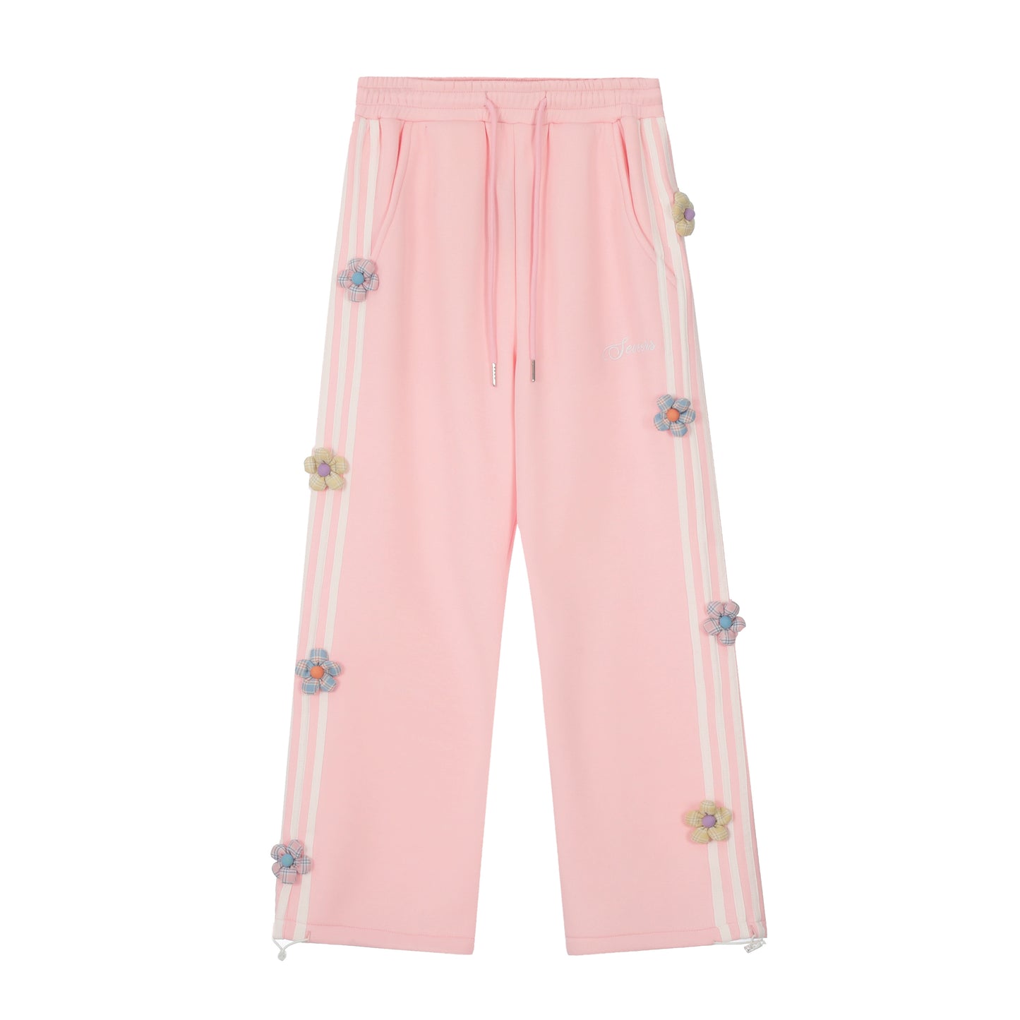 Young Eyes Sweet Flower Gray Pink Elastic Waist Sweatpants