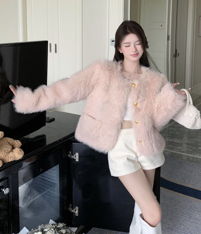 Winter Classy Luxury Elegant Fur Plush Pink Jacket