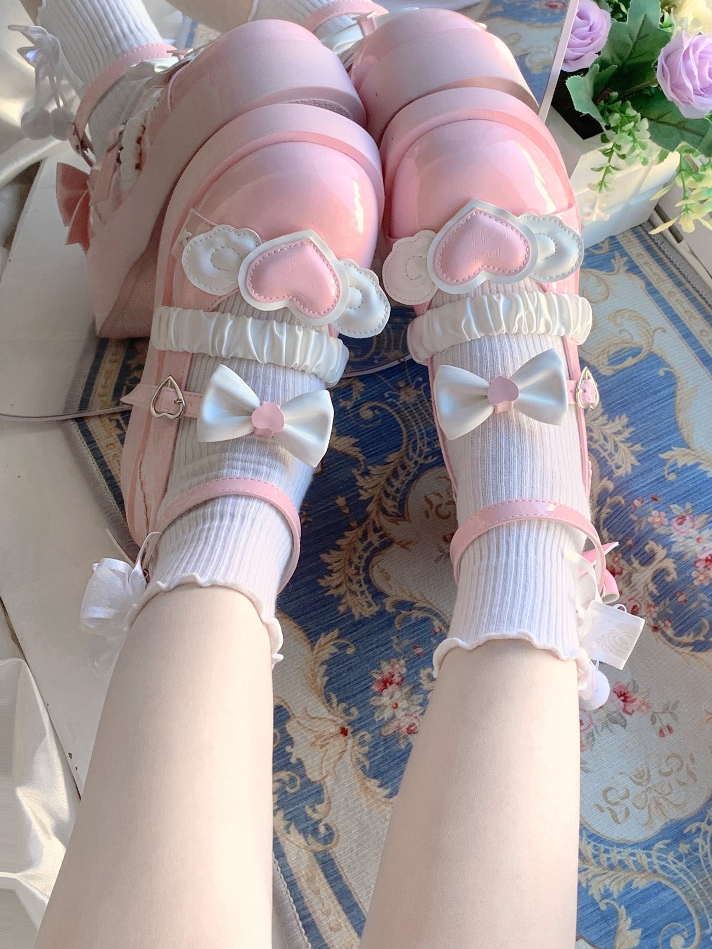 Love Letter Sweet Cupid Lolita Heart Black Pink Blue Beige Mary Jane Shoes