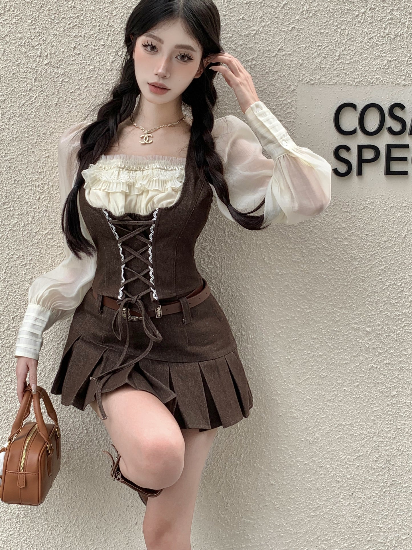 Vintage Ruffled Corset Autumn White Brown Long Sleeve Shirt & Pleated Mini Skirt Two Piece Set