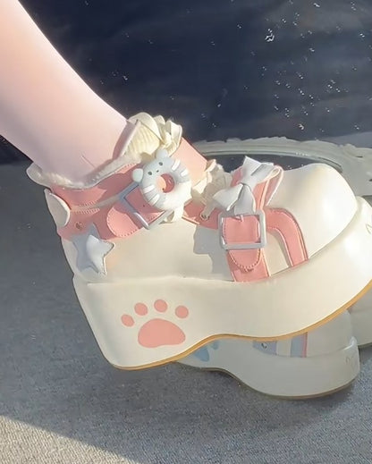 Moeka Chan Blue & Pink Paw Lolita Princess Thick Sole Shoes