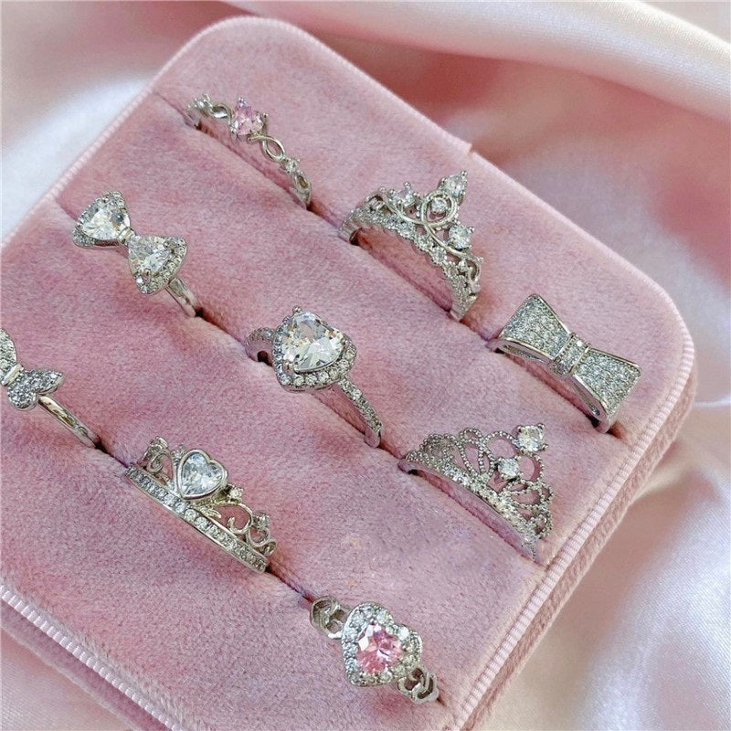 Pink Silver Love Bow Rhinestone Diamond Crown Ring Collection Set Accessories Jewerly