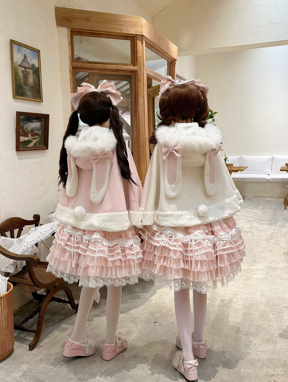 Lolita Kitten Calls Car Ears & Rabbit Ears White Pink Jacket Cape Cloak