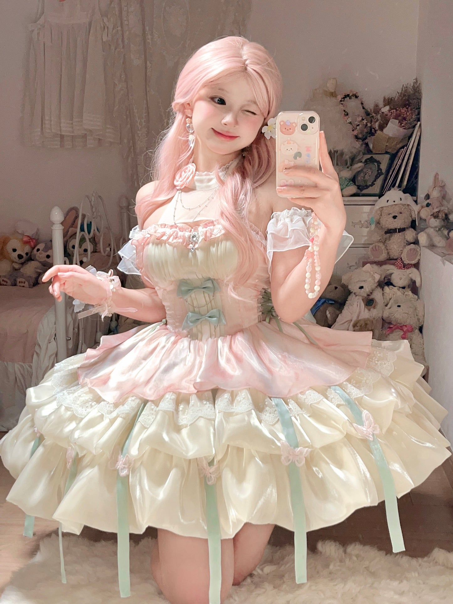 Platycodon Love Goddess Bow Butterfly Blue Pink Green Black Halter Neck Lolita Dress