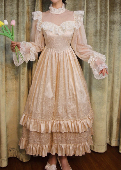 Vintage Glow Lace Satin Retro Rose Classic Princess Cream Long Sleeve Dress