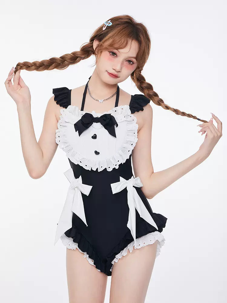 Masked Cat Lazy Maid Black White One Piece Swimsuit