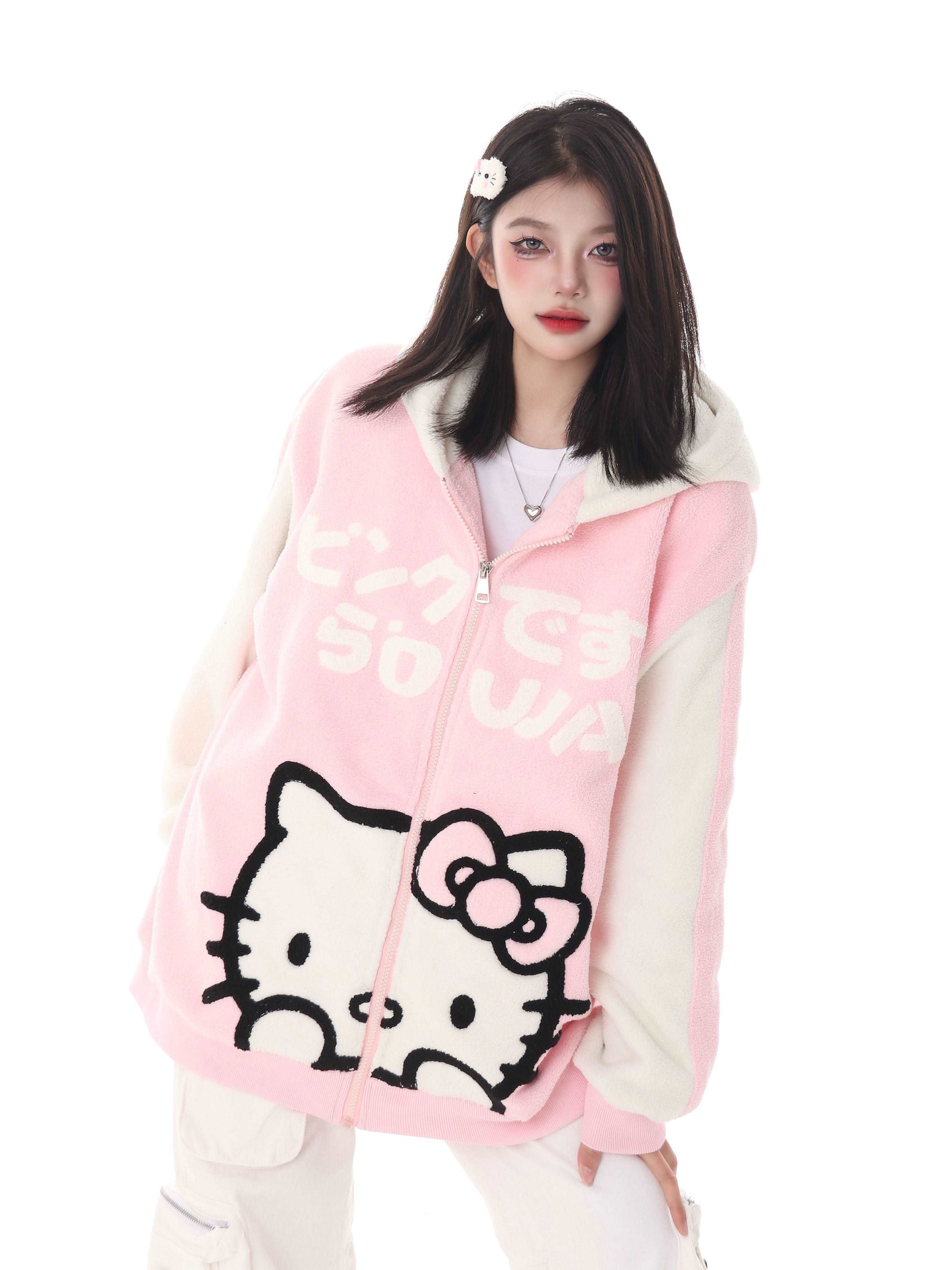 Cute Kitty Cat Pink Black Polar Fleece Y2K Oversize Hoodie Jacket