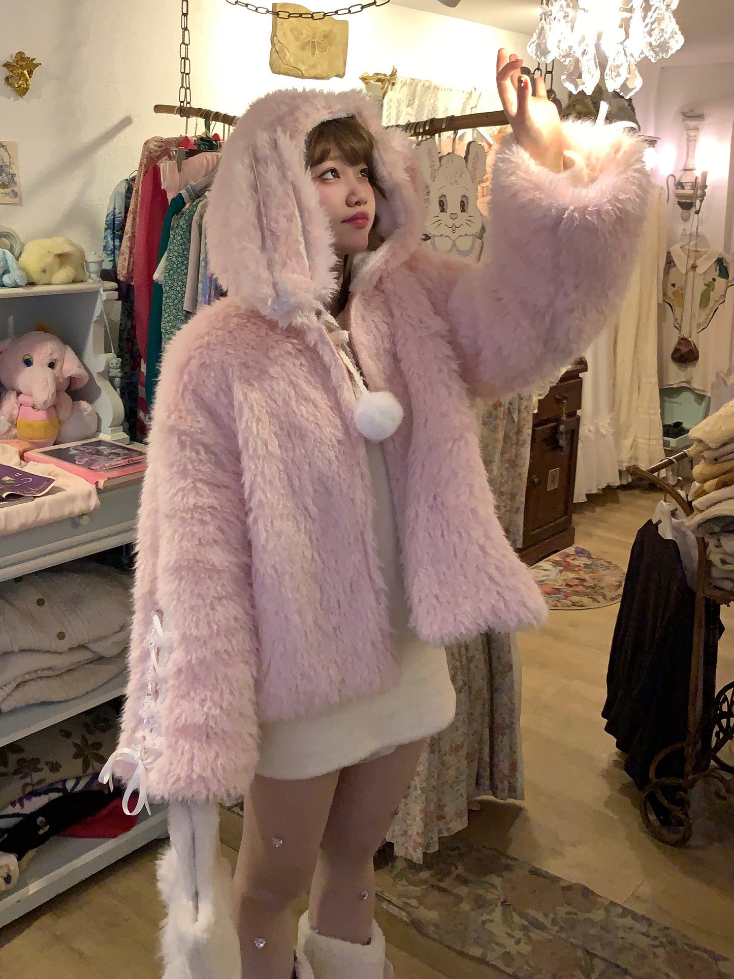 Picnic Girl Winter Cute Thick Fur Rabbit Ears Pink Jacket Coat