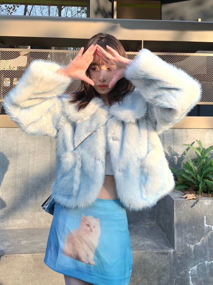 Runway Sweet Faux Fox Fur Light Pastel Blue & Purple Jackets Coats