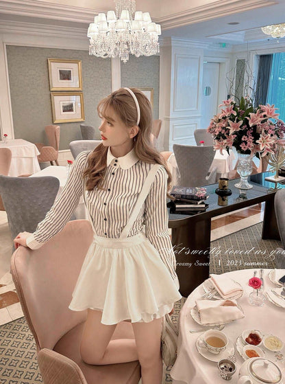 Creamy Sweet Black and White Striped Shirt & Suspender White Shorts Two Piece Set