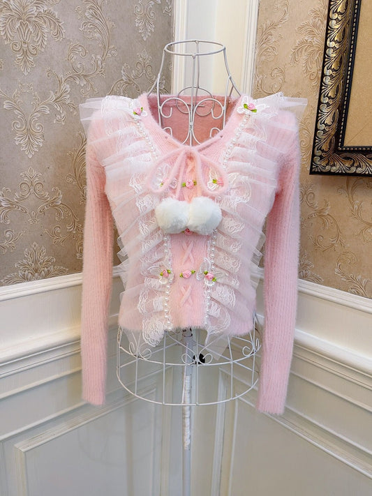 Sweetheart Princess Rose Lace Furball Mohair Plush Pink Knit Sweater