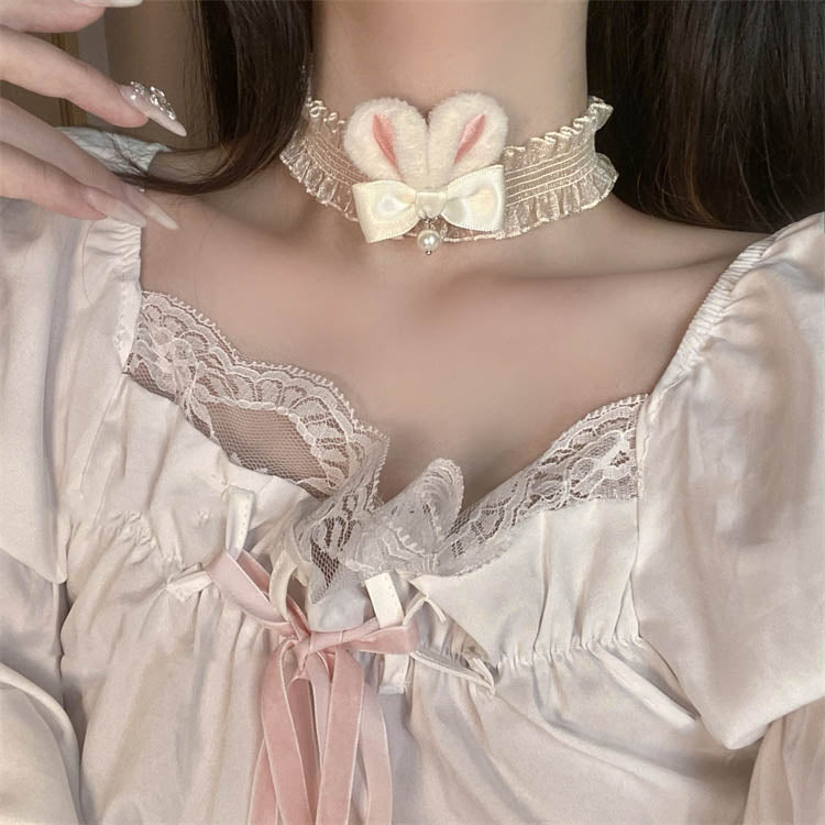 Sweet Cute Lolita White Rabbit Bow Necklace Choker Collar