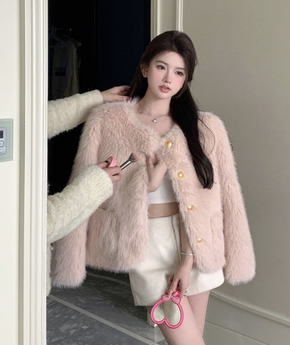 Winter Classy Luxury Elegant Fur Plush Pink Jacket