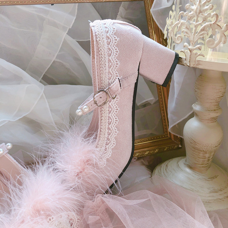 Pinky Victorian Style Lace Classic Elegant Chic Feather Pink Mary Jane Shoes