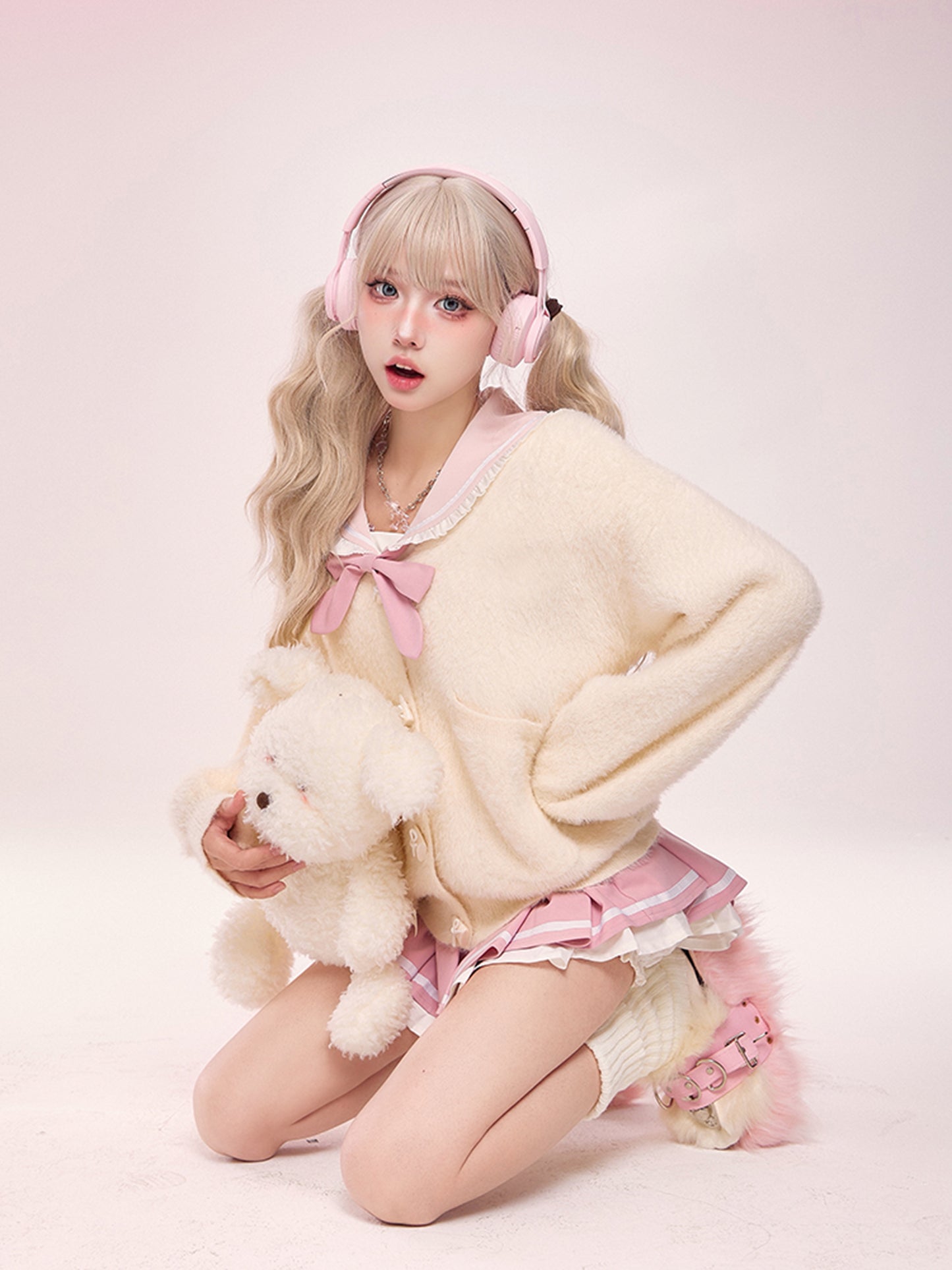 Serendipity Sweet Autumn Pink Bow Sailor Collar Seifuku Shirt & Pleated Skirt & White Cardigan Three Piece Set