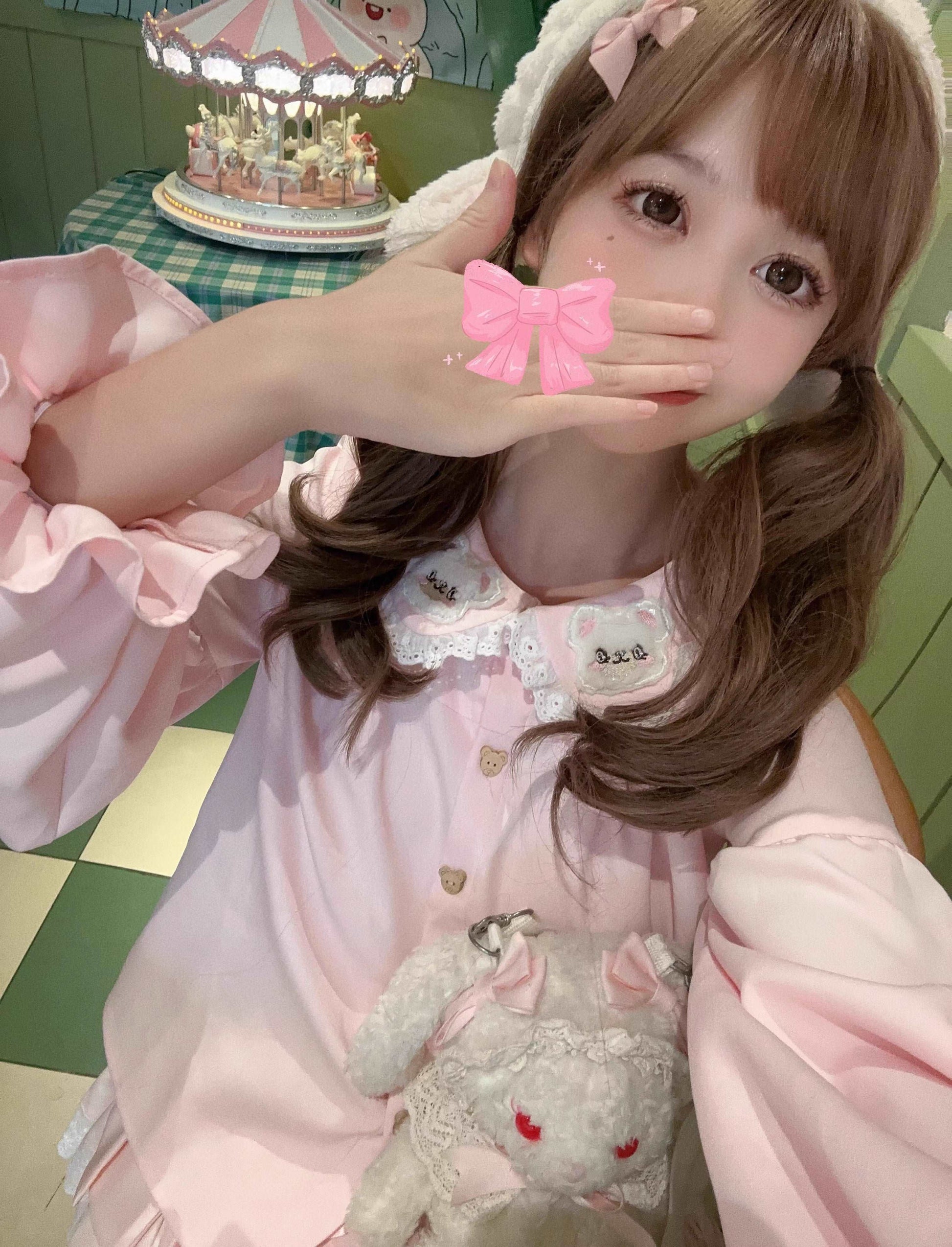 Bear Embroidery Lace Cotton Doll Collar Pink Shirt Blouse